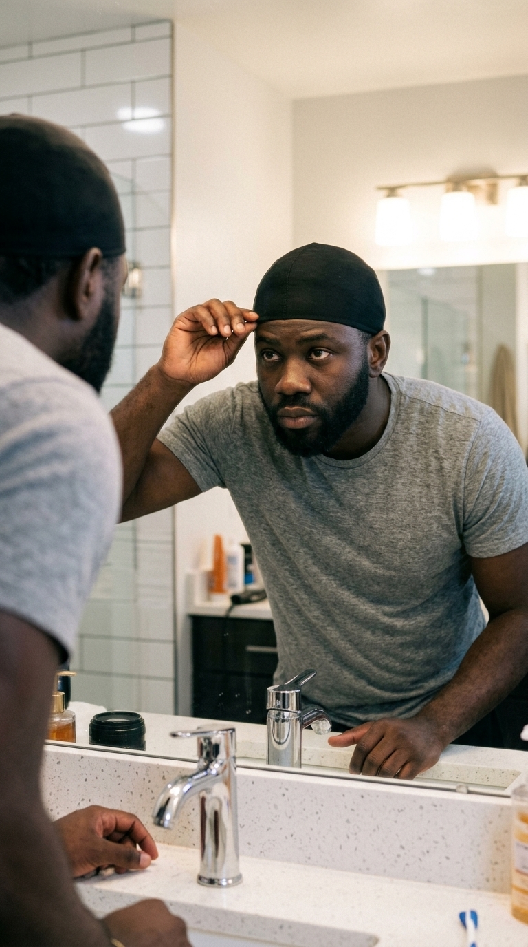 A man with a beard wearing a black durag looks at his reflection in a bathroom mirror.
