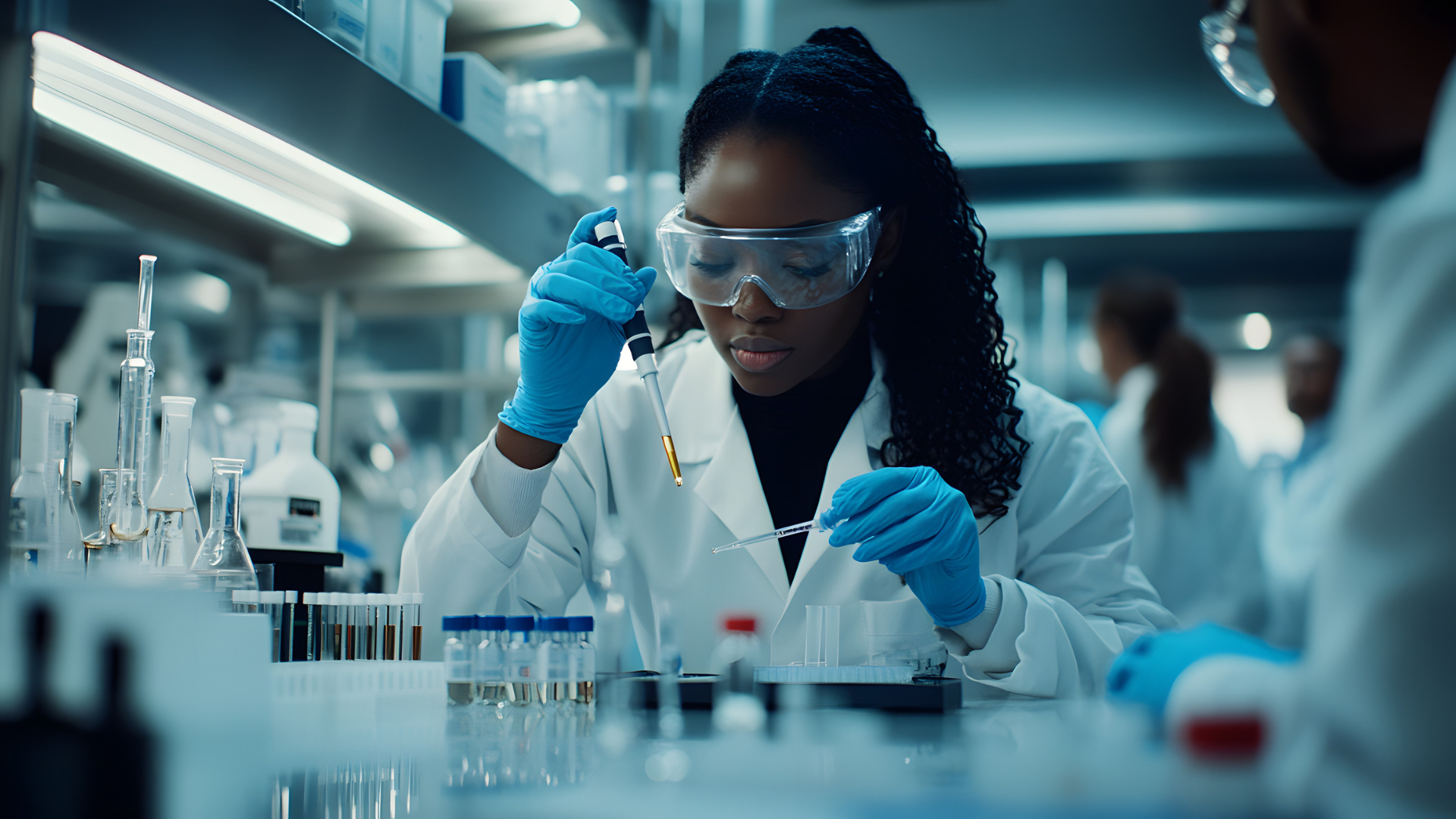 Scientist in a lab using a pipette with safety goggles and gloves.