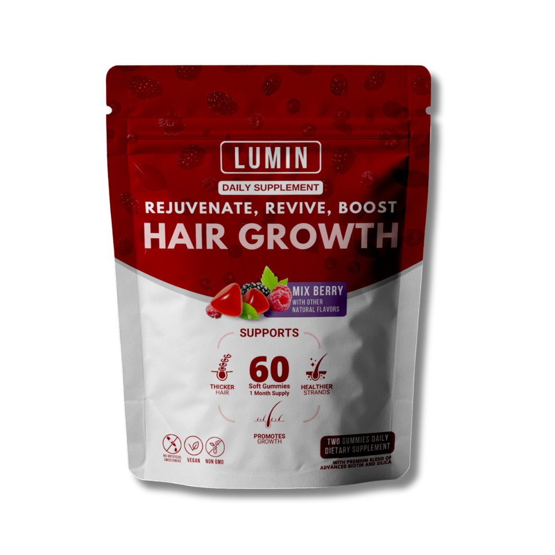 A red and white pouch of Lumin Hair Growth daily supplement gummies, mix berry flavor.