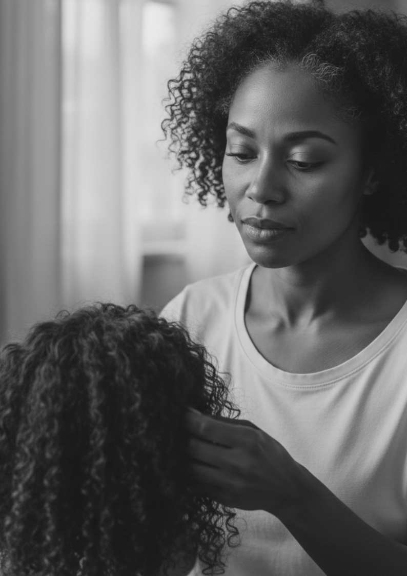 Black and white image of a woman looking at a wig with curly hair.