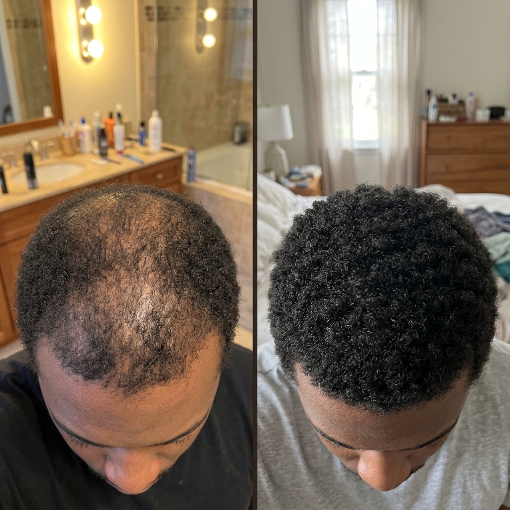 A side-by-side comparison showing a woman's hairline before and after, with visible new hair growth.
