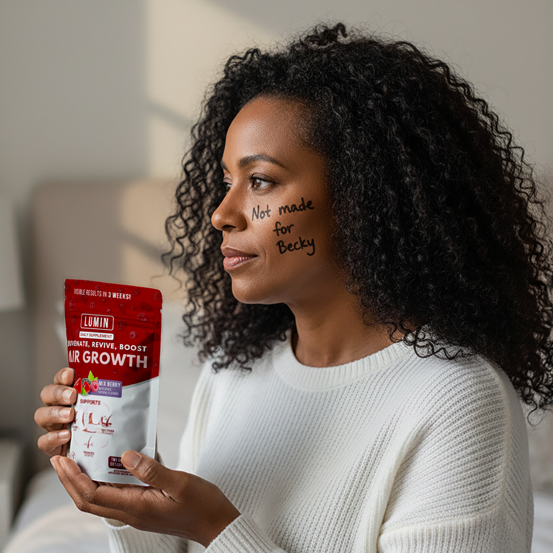 Woman holding Lumin hair growth product, text on her cheek reads 'Not made for Becky.'
