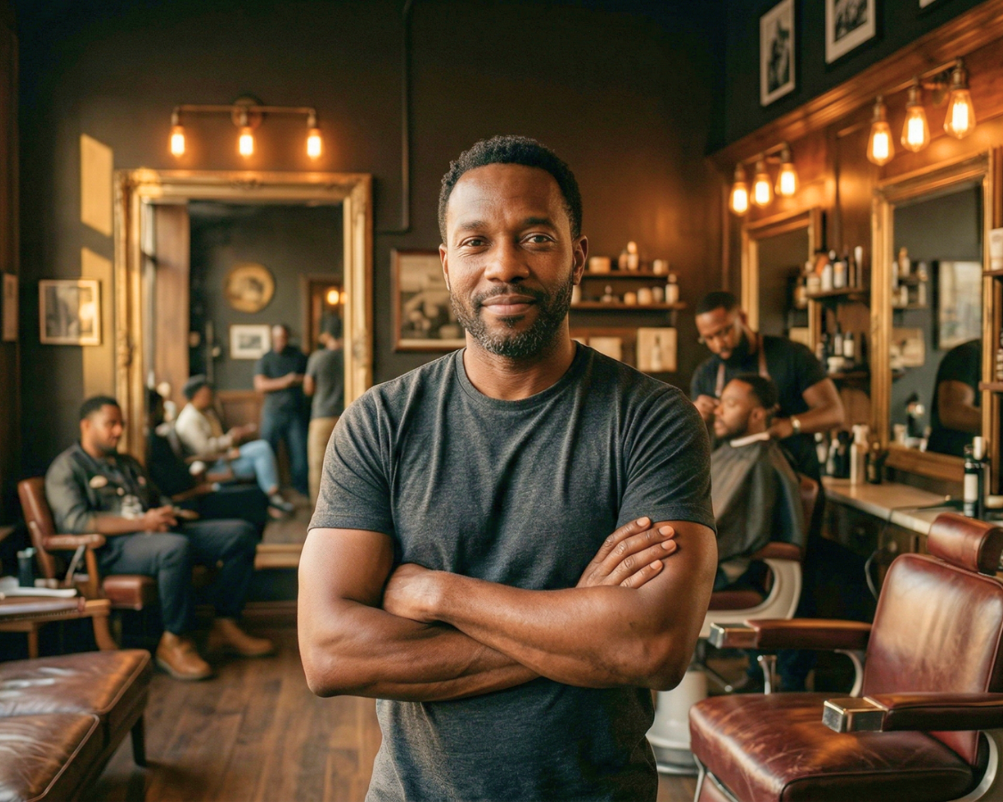 A man stands with his arms crossed, smiling in a busy, classic-style barbershop.