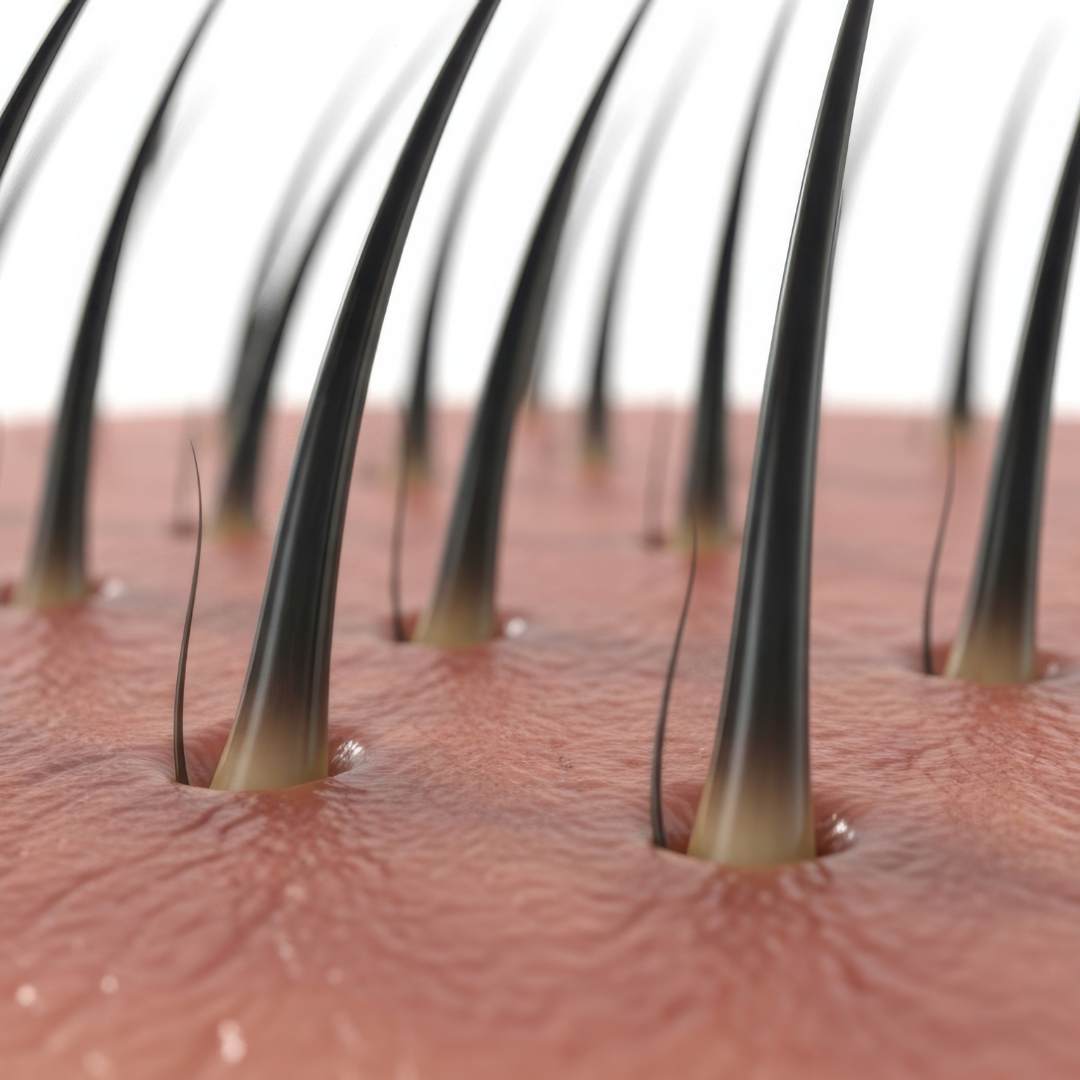 Close-up of human skin with several hair strands growing.