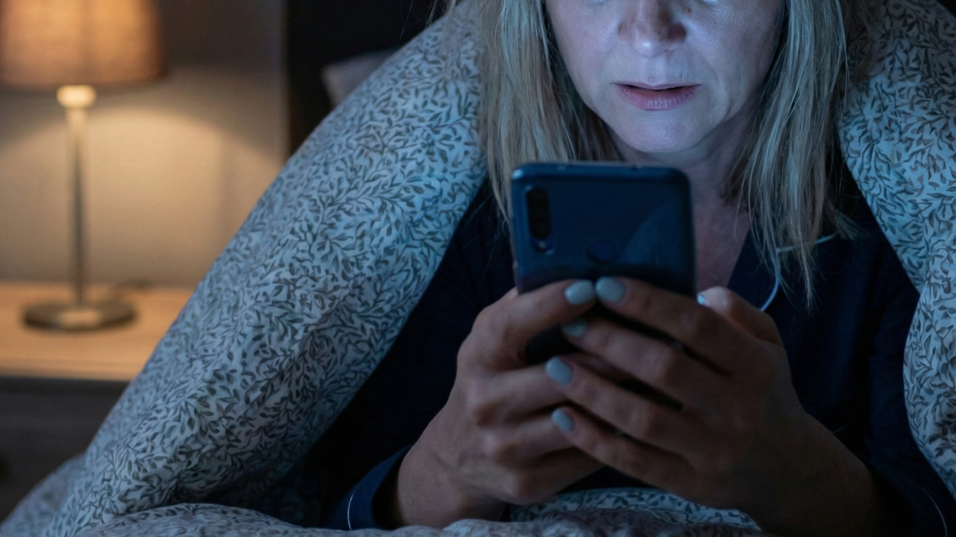 A woman in bed at night, illuminated by her phone, looks at the screen with a concerned expression.