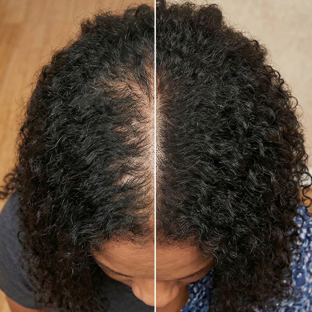 A before-and-after image showing the top of a person's head with thinning hair versus fuller hair.