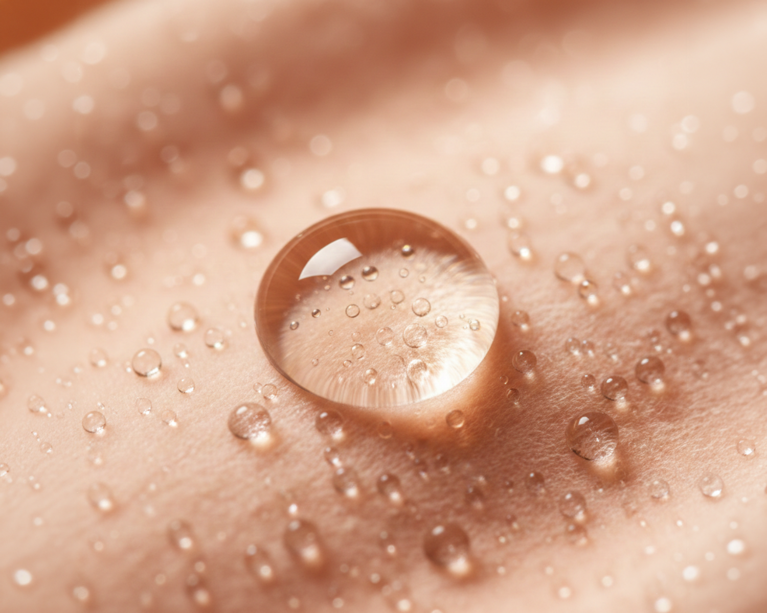 A close-up, macro shot of clear water droplets beading up on human skin.
