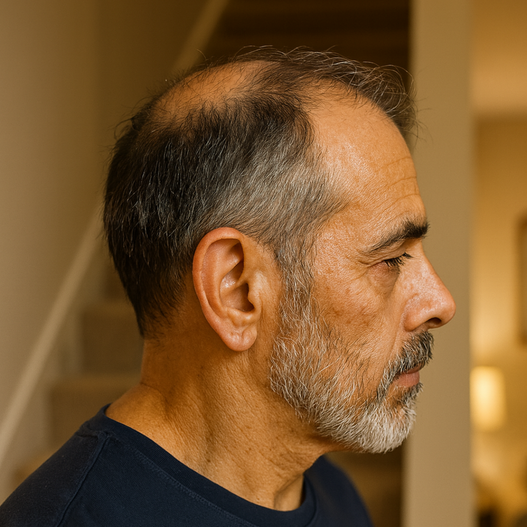 Profile of a man with a beard and receding hairline indoors.