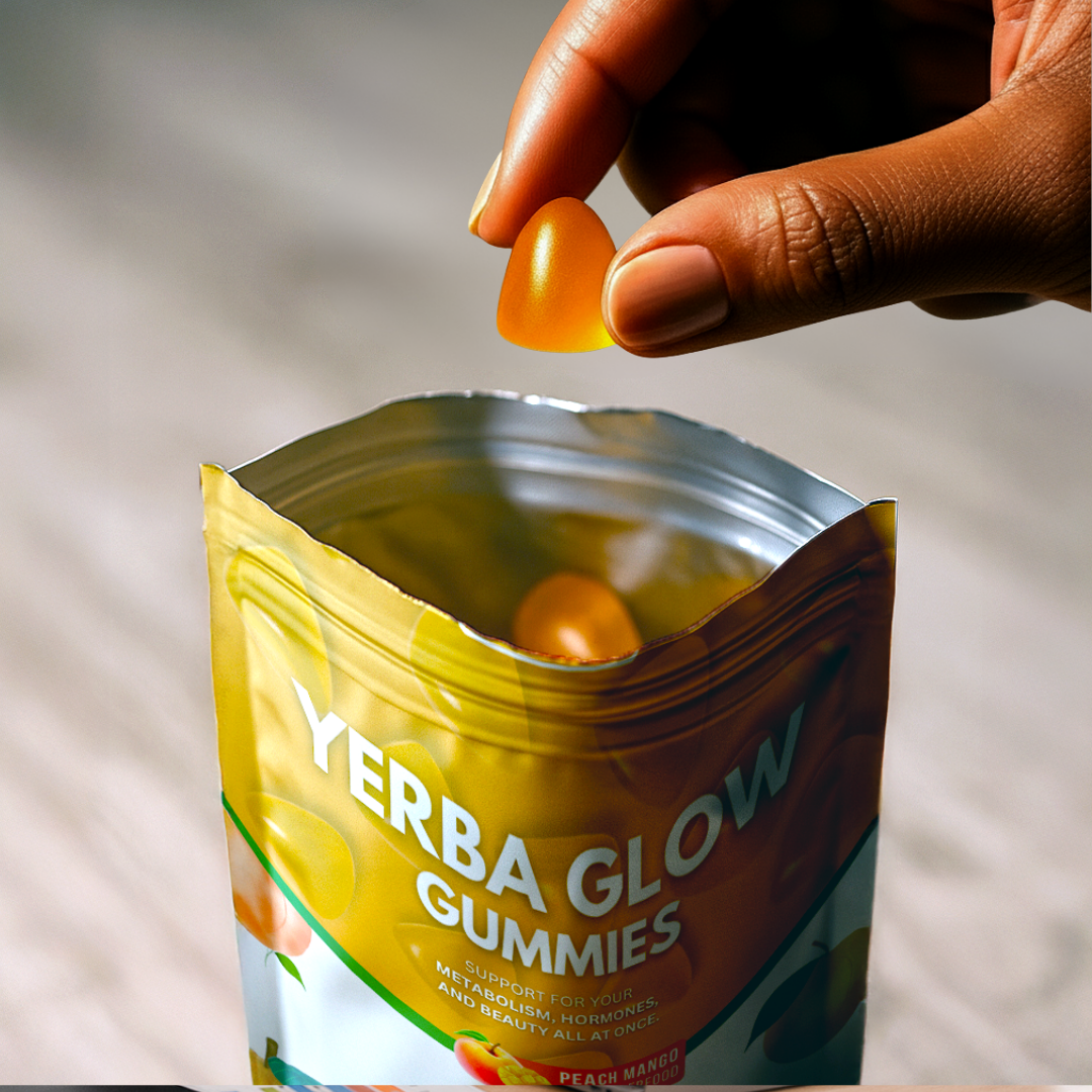 Hand holding a gummy above an opened pouch labeled 'Yerba Glow Gummies.'