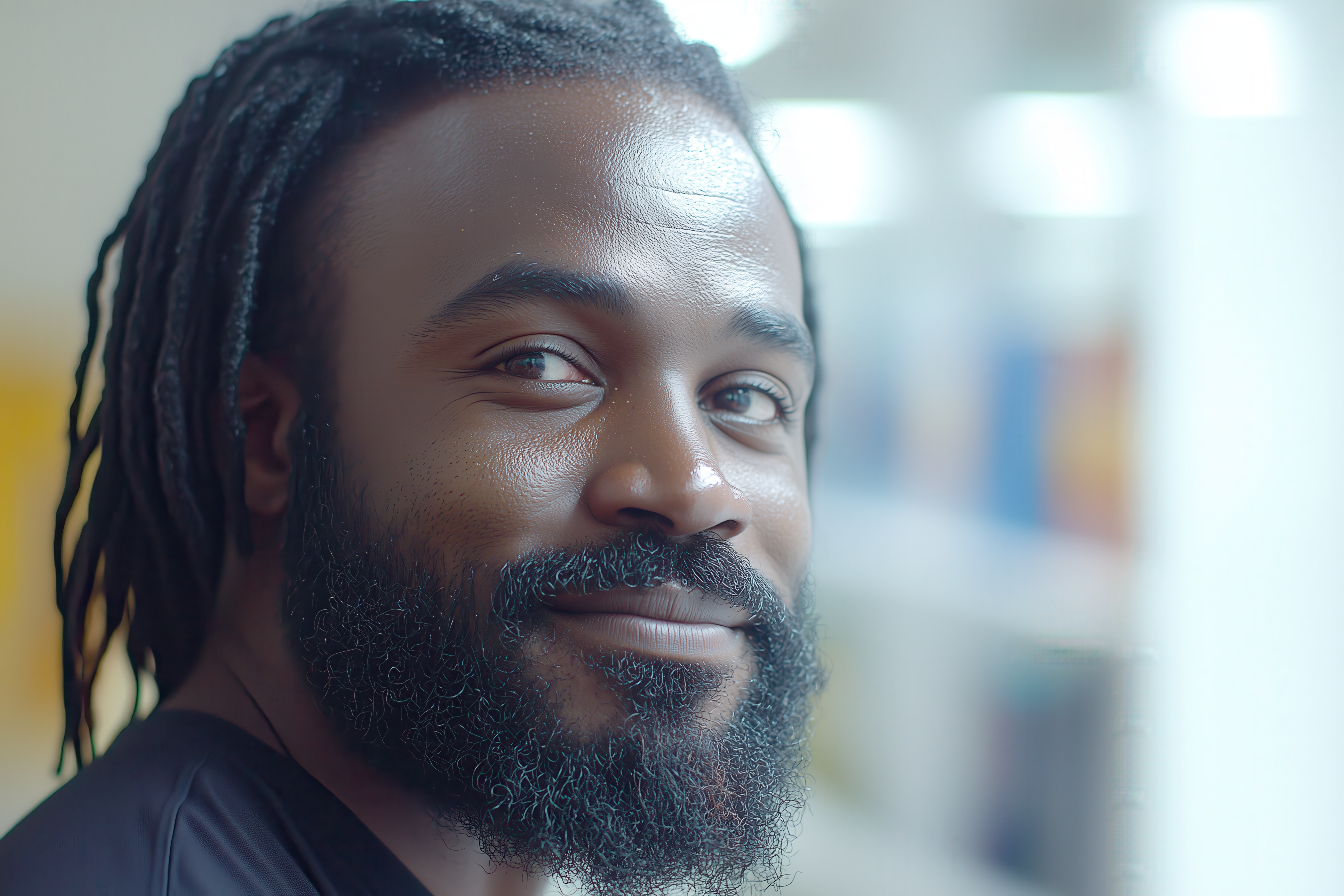 Smiling man with a beard and dreadlocks in a blurred background.