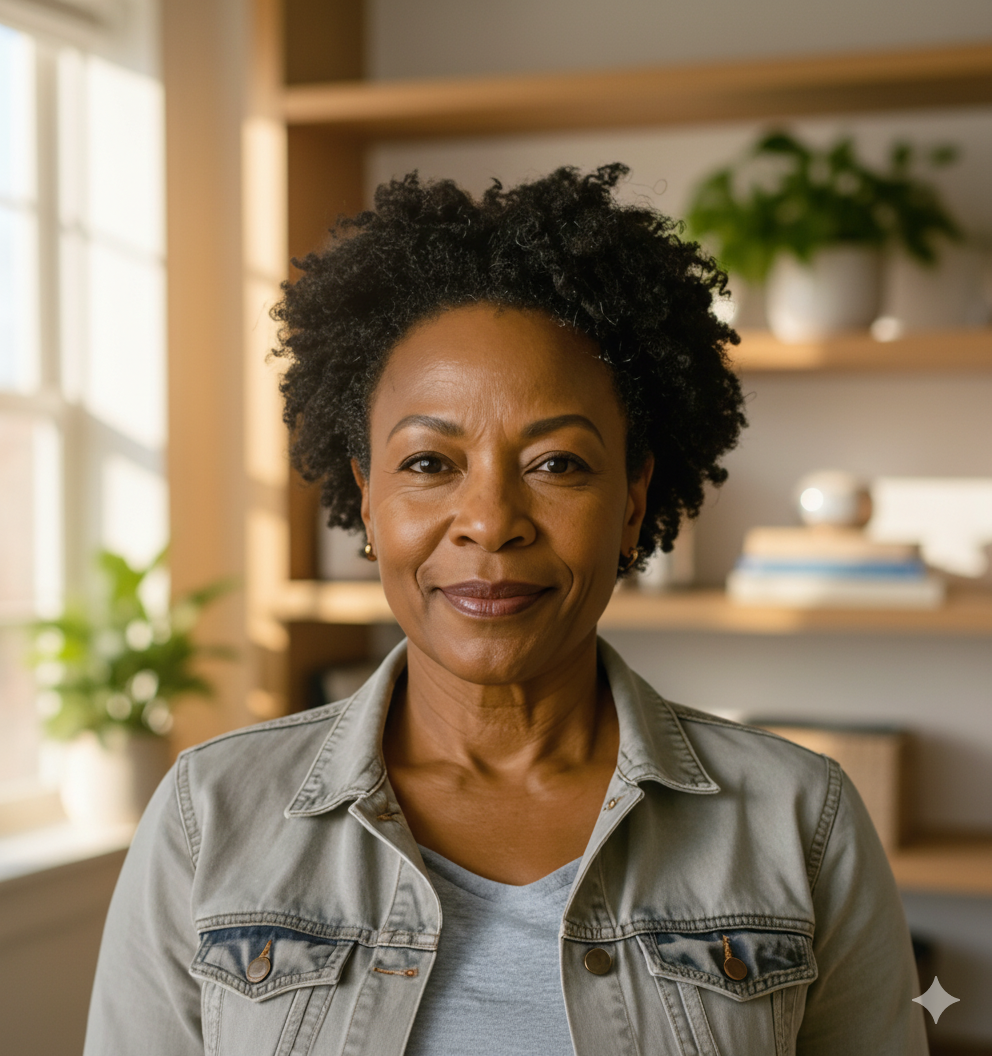 Smiling person standing in front of shelves, plants visible in background.