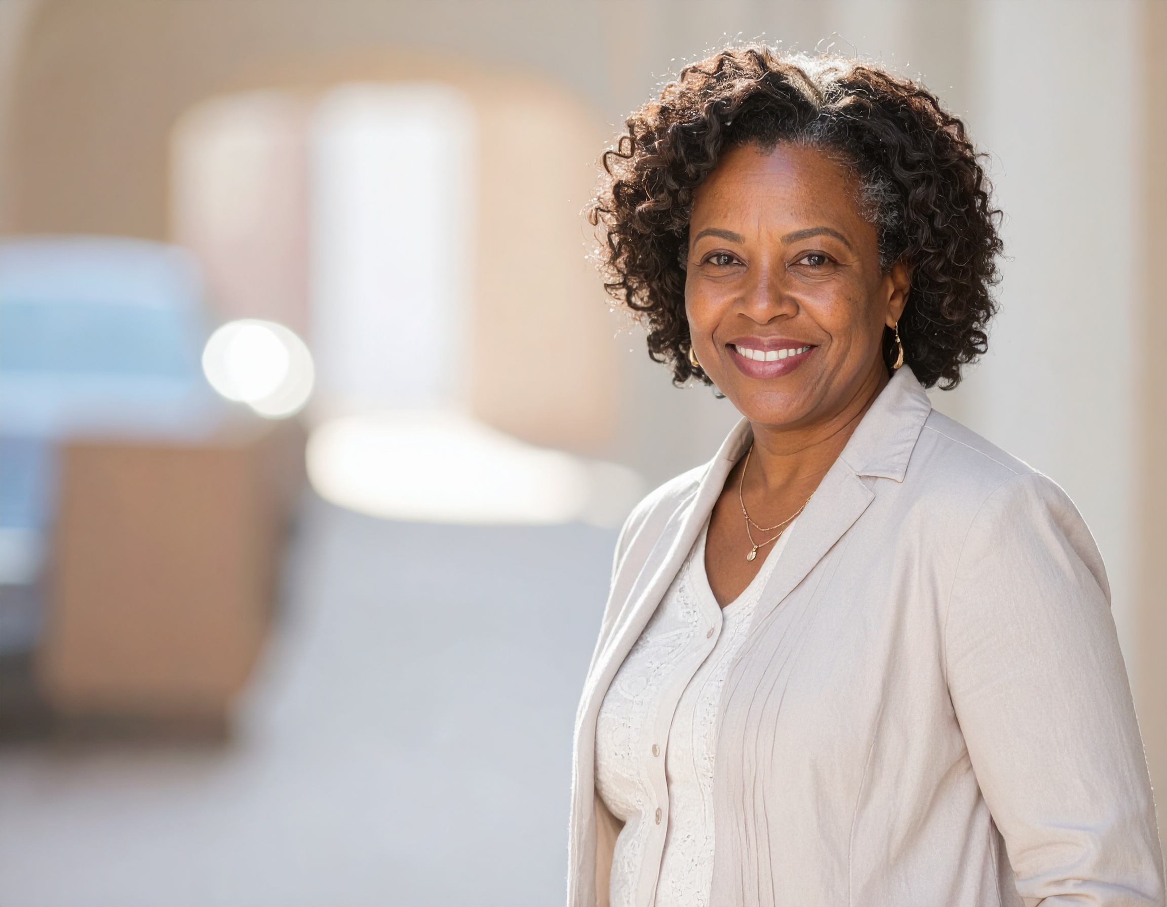 Person smiling in a light-colored suit, standing outdoors.