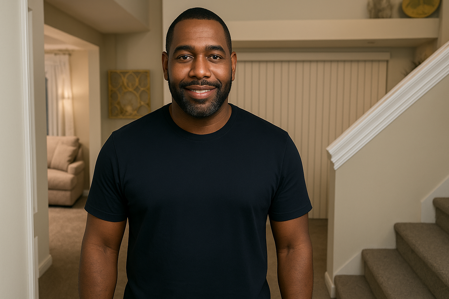 Man in a black shirt standing in a living room with stairs.