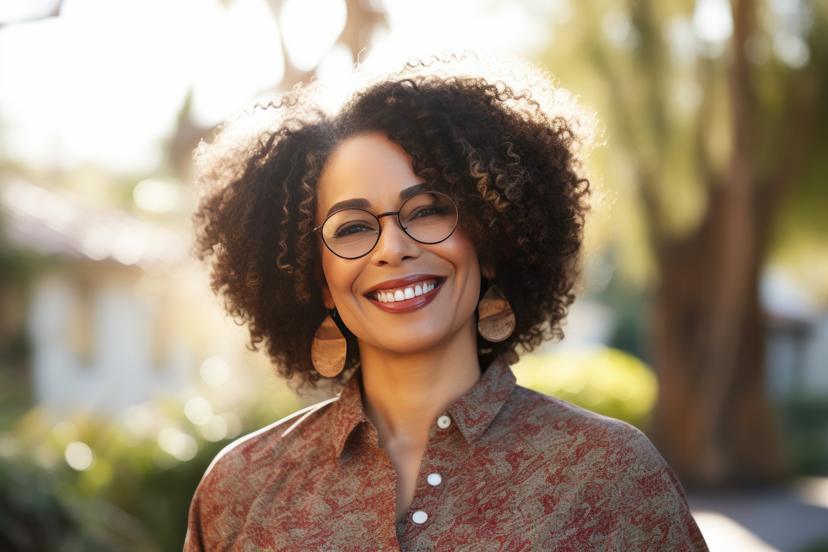 Smiling person with glasses, curly hair, and large earrings outdoors.