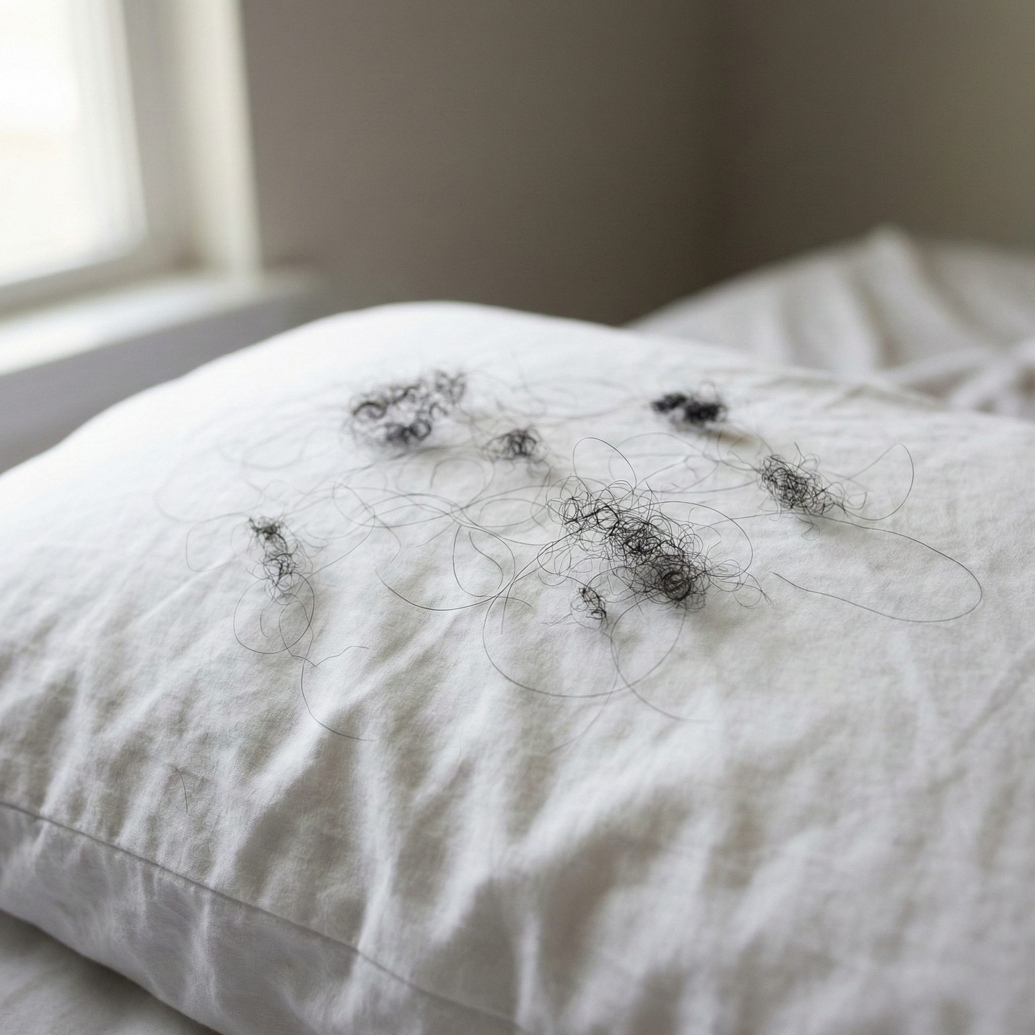 A close-up, black-and-white photo of fallen hair on a white pillow.