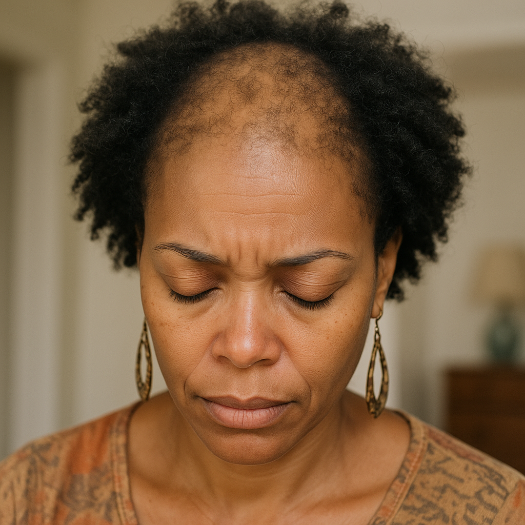 Person with closed eyes and thinning hair, wearing earrings.