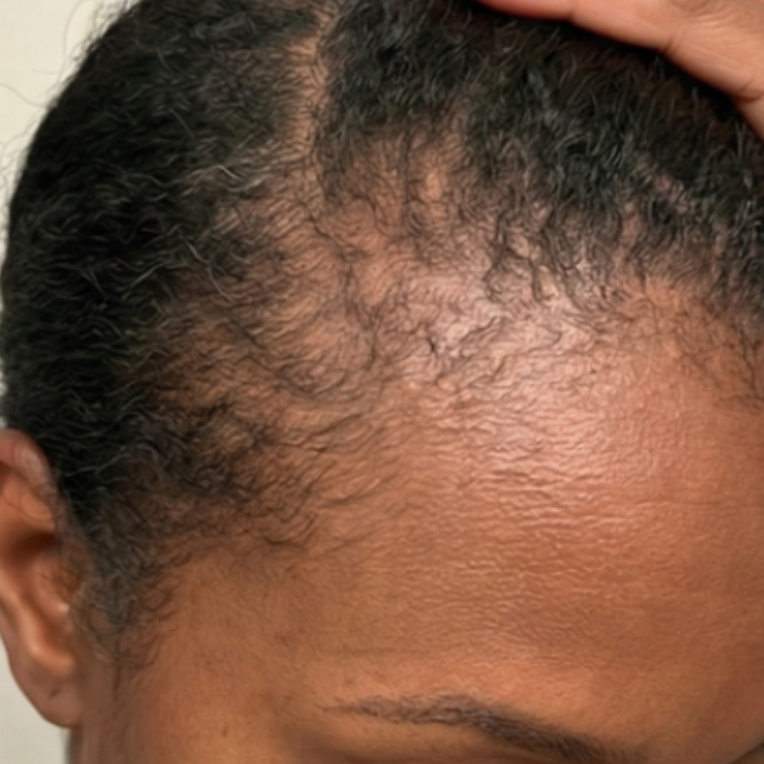 A close-up of a person's thinning hairline, showing their scalp through their dark, curly hair.