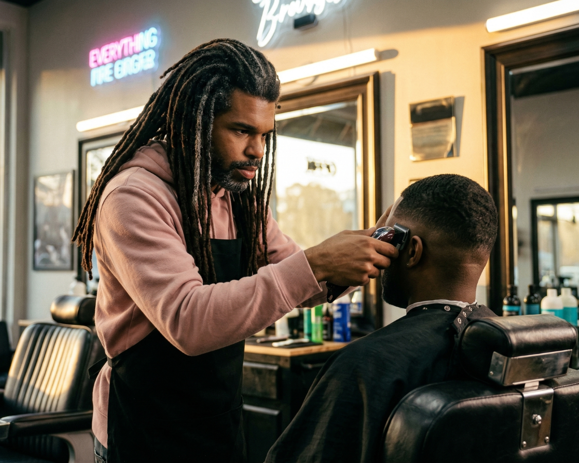 A barber with dreadlocks gives a client a haircut with electric clippers in a barbershop.