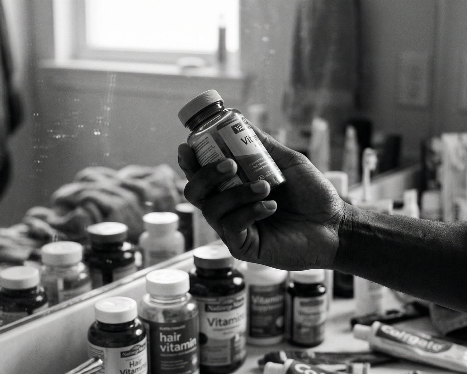 A black and white photo of a person's hand holding a vitamin bottle over a cluttered bathroom counter.