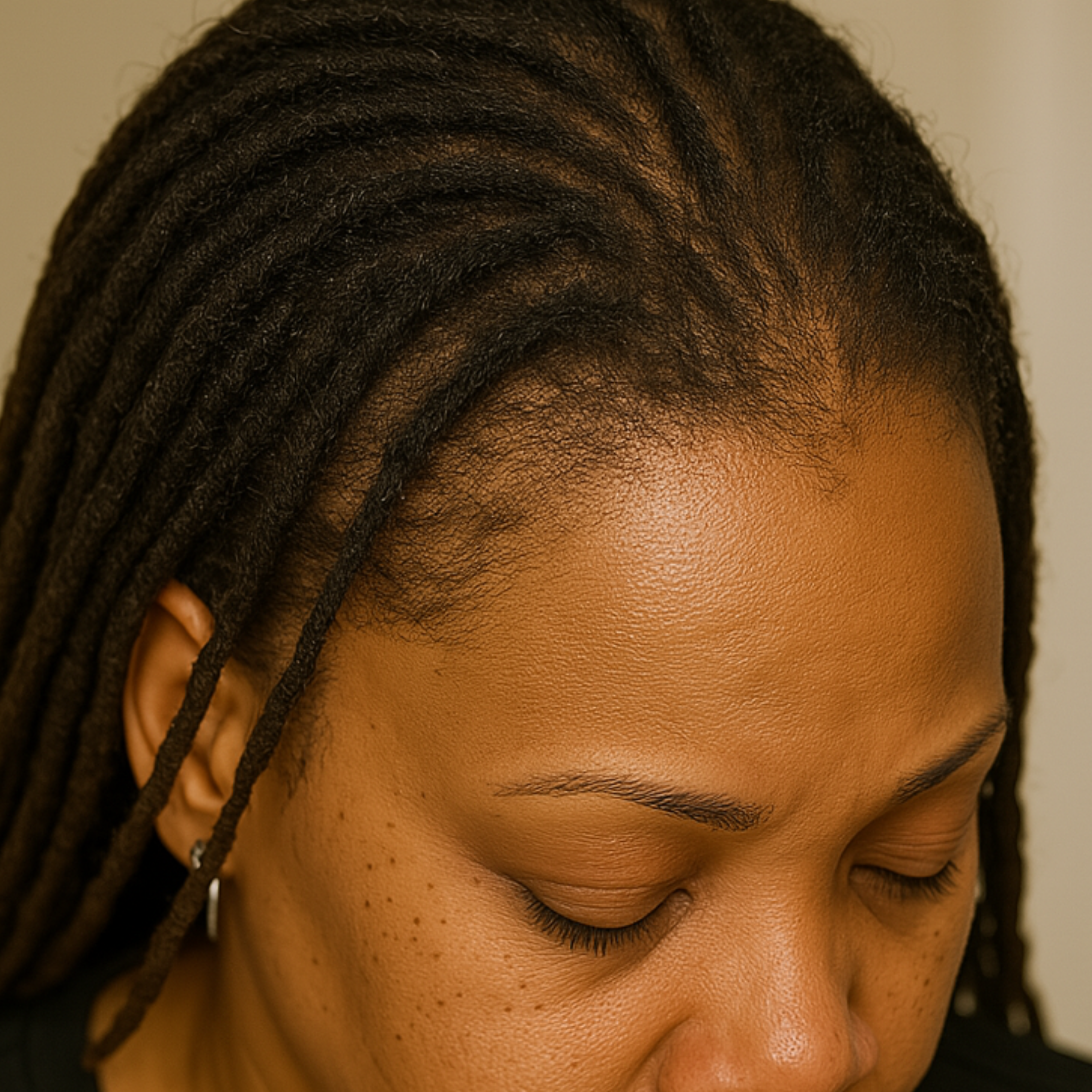 Close-up of a person with closed eyes and braided hair.