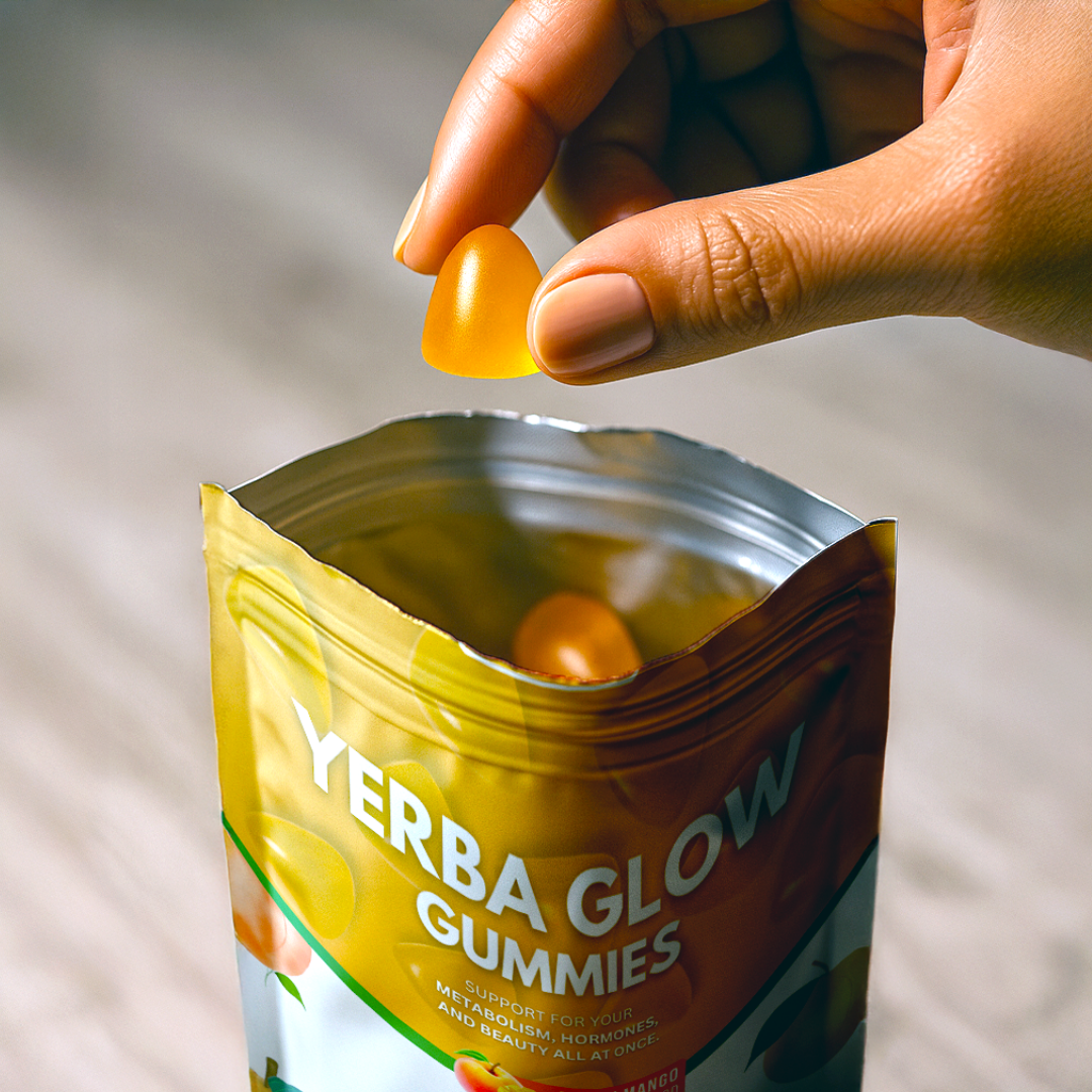 A hand holding a gummy over an open bag labeled 'Yerba Glow Gummies.'