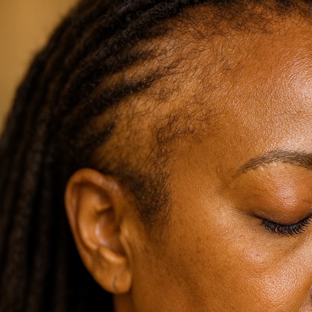 Close-up of a person's ear and eye with braided hair.