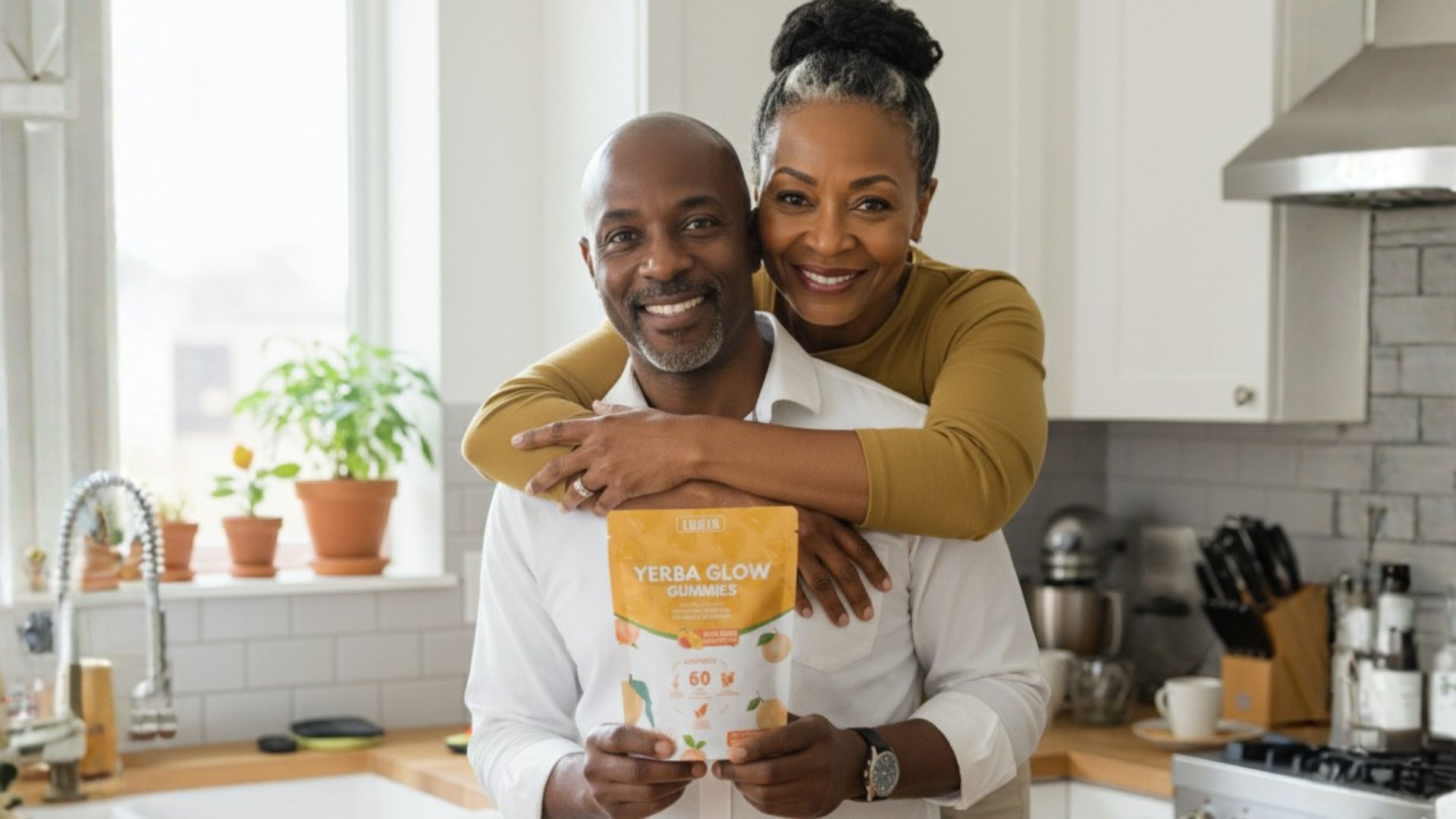 Smiling couple in kitchen holding a bag of Yerba Glow gummies.