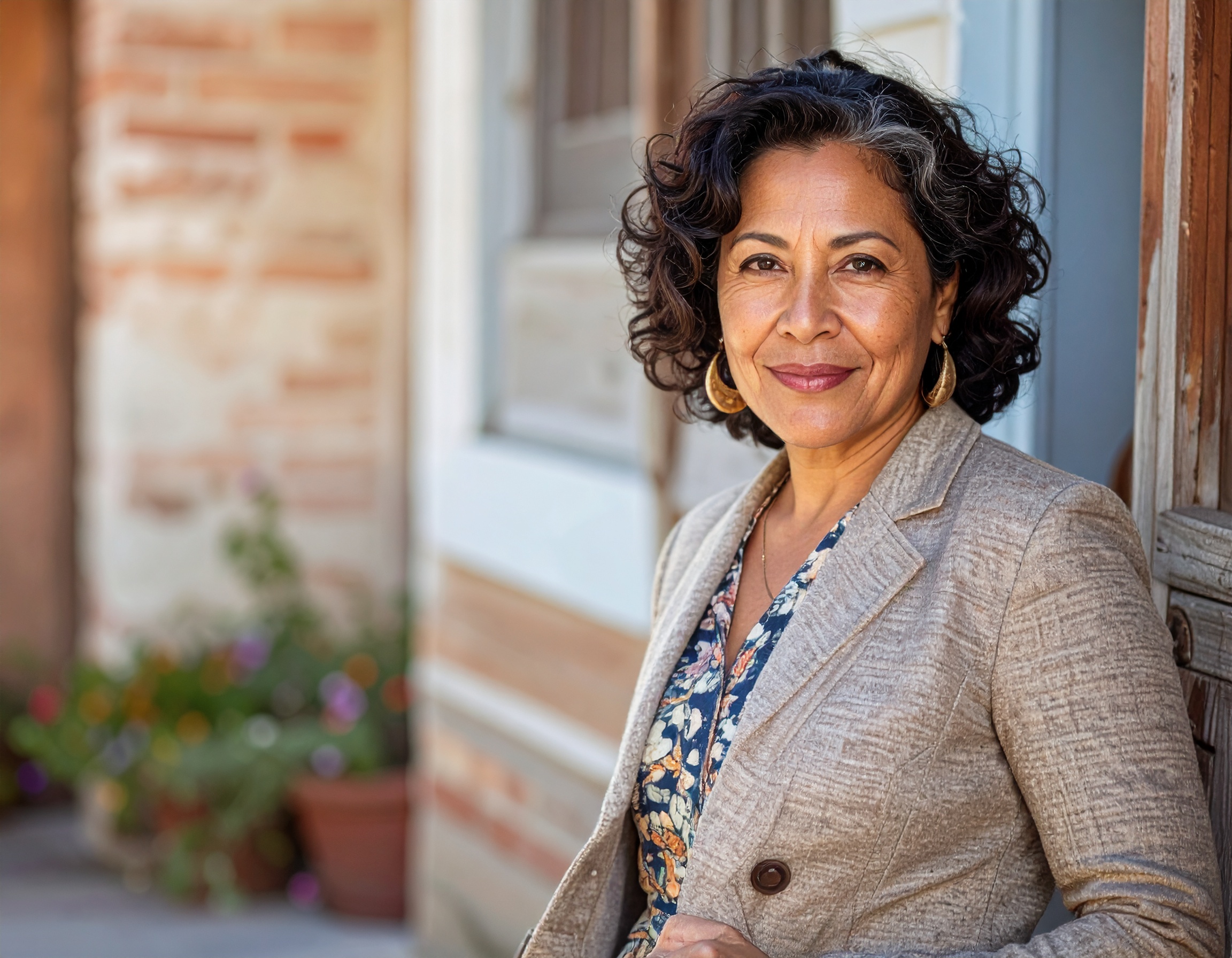 Smiling person with curly hair in a jacket, standing outside near a brick wall.