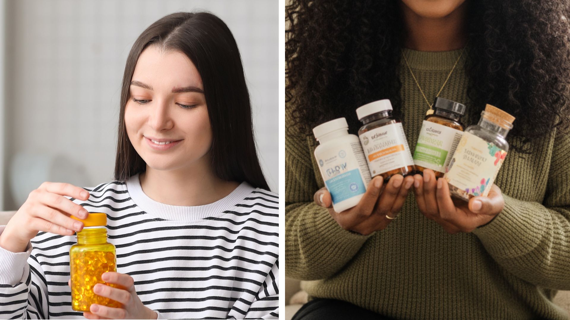 Woman holding supplements; another holding a bottle of yellow capsules.