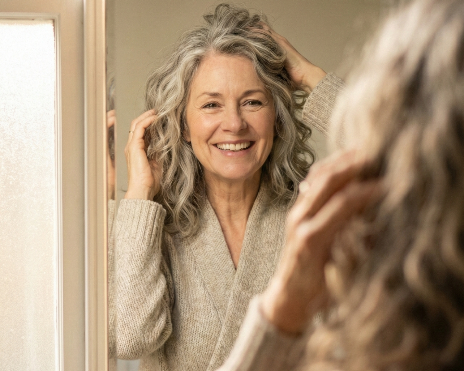 A smiling woman with wavy gray hair looks at her reflection in a mirror.
