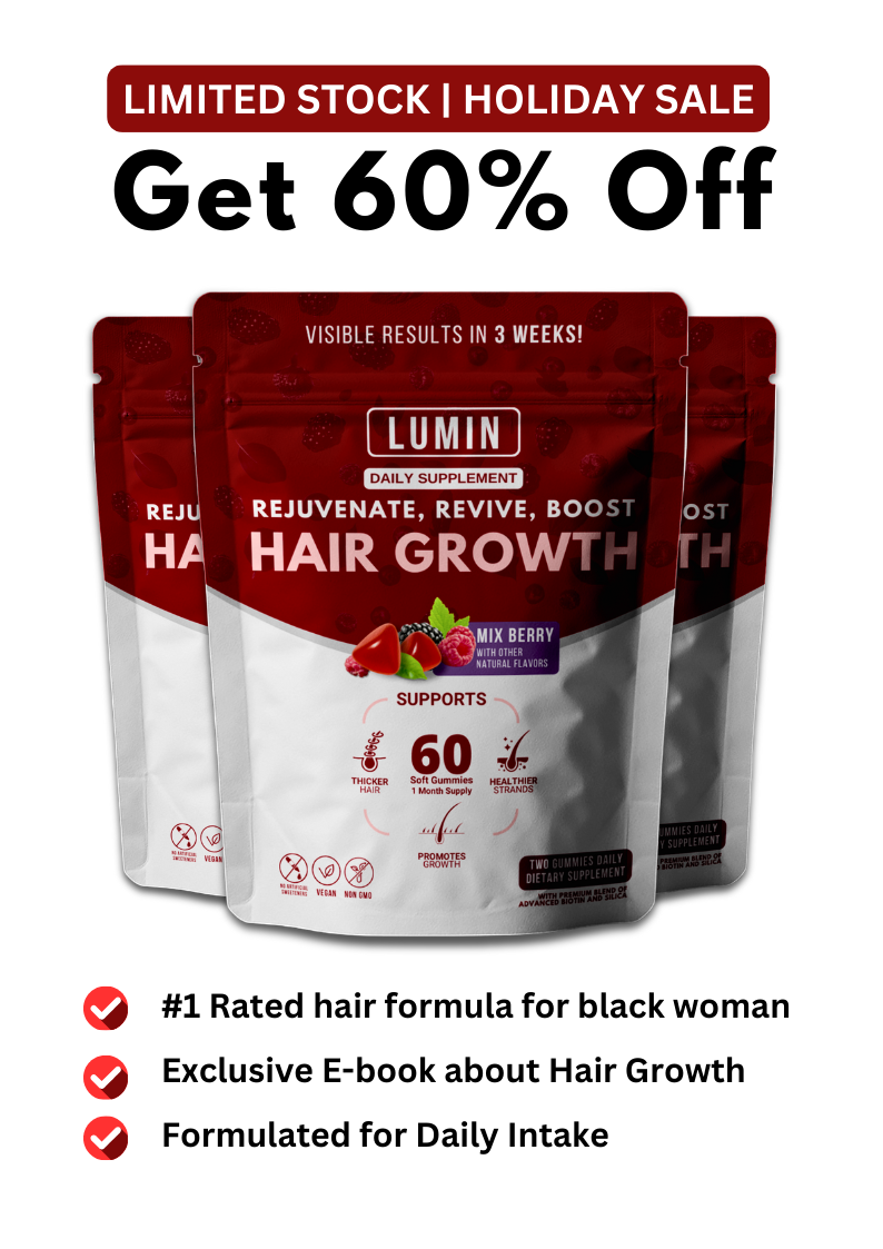 Three packs of Lumin hair growth supplements with sale text.