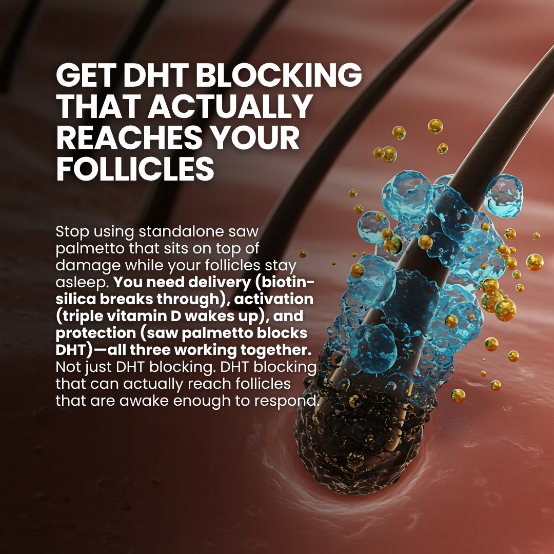 Close-up of hair follicle with text about DHT blocking and hair protection.