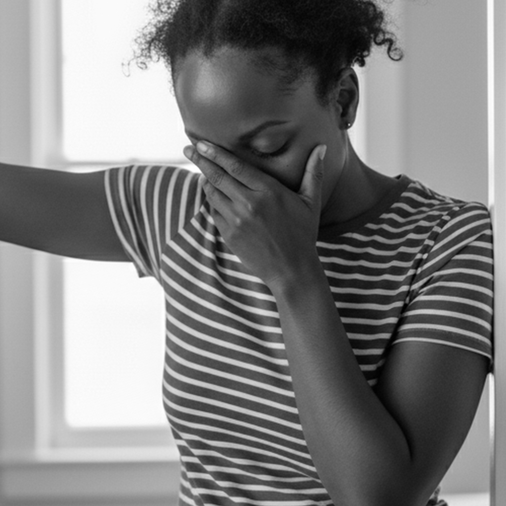 Black and white image of a person covering their face with one hand.
