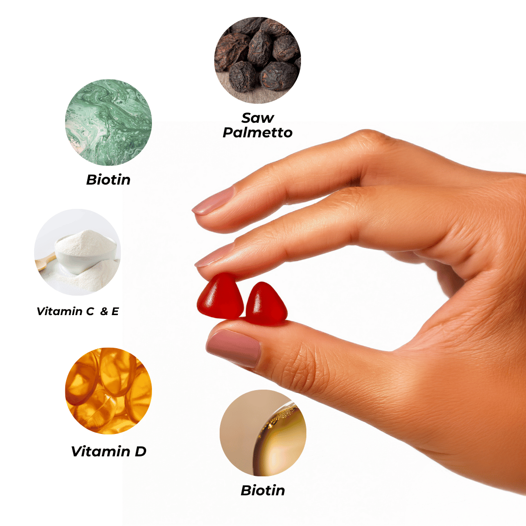 Hand holding two red gummies with ingredient images and labels around.