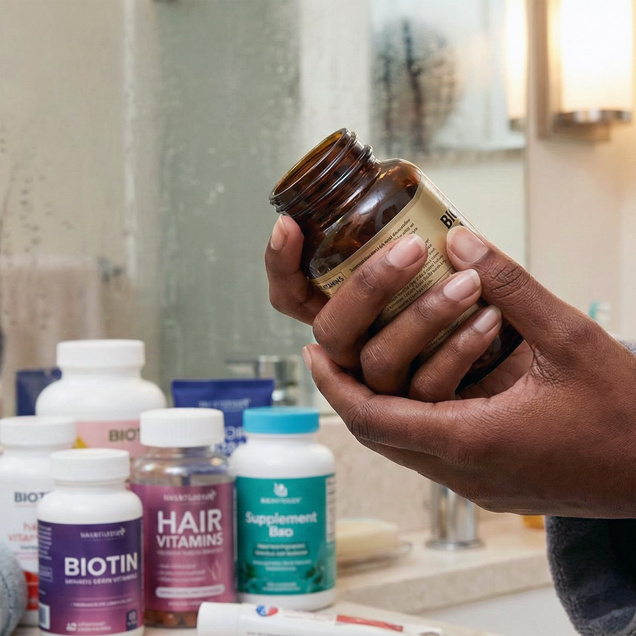 A person's hands hold a brown bottle of vitamins in a bathroom with other supplement bottles nearby.