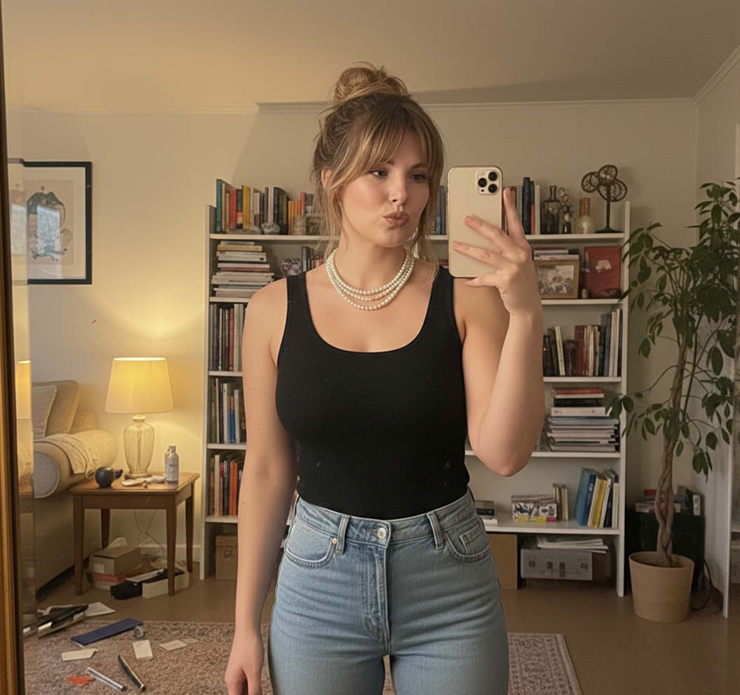 Person taking a mirror selfie in a room with bookshelves and a plant.