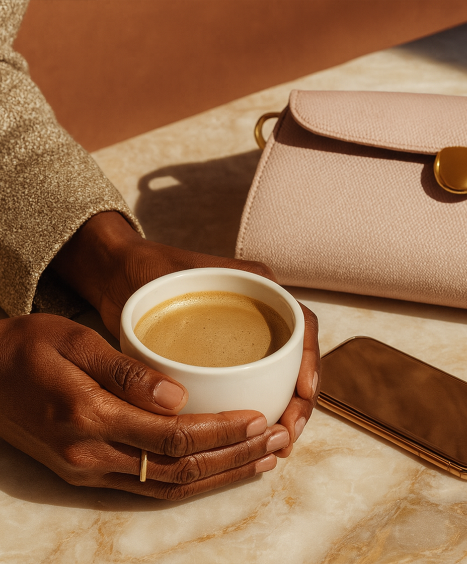 Hands holding a coffee cup next to a pink purse and phone.