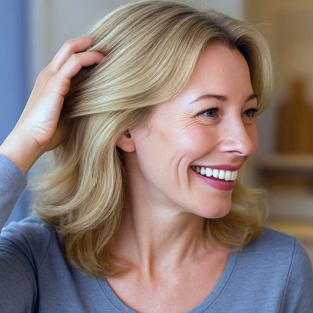Smiling woman with blonde hair touching her head, wearing a gray shirt.