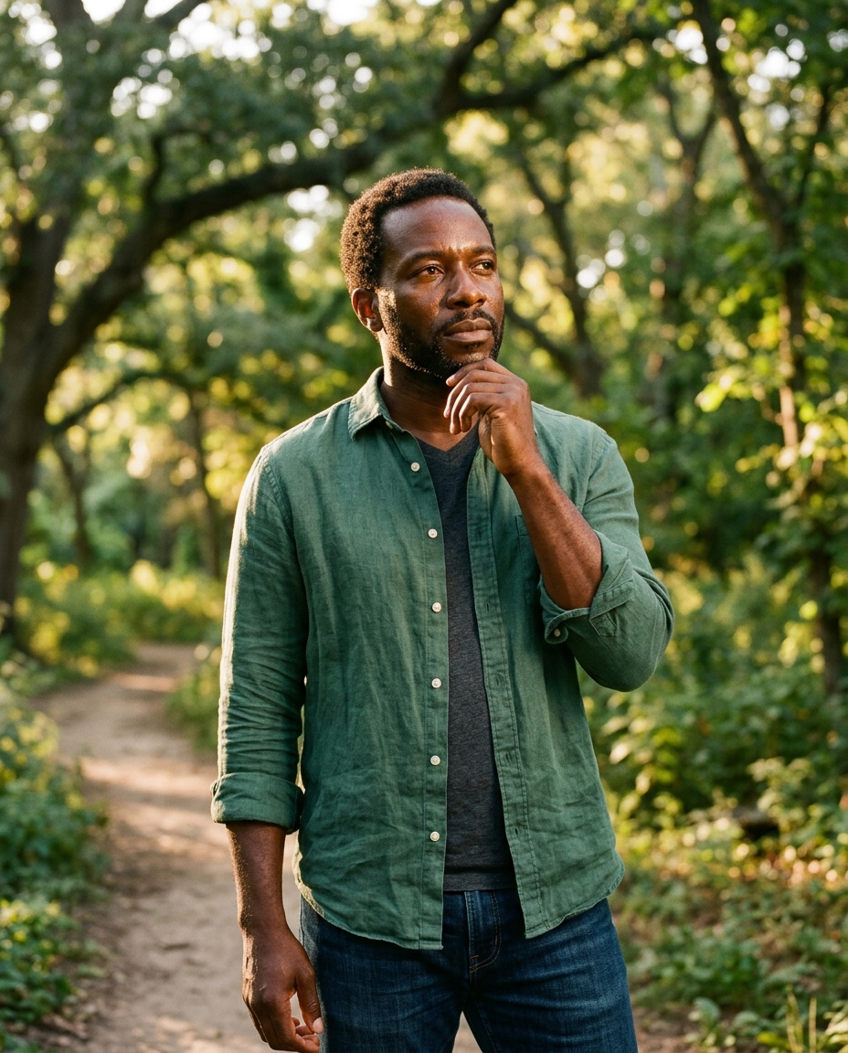 A man in a green shirt stands on a wooded path, looking thoughtfully into the distance.