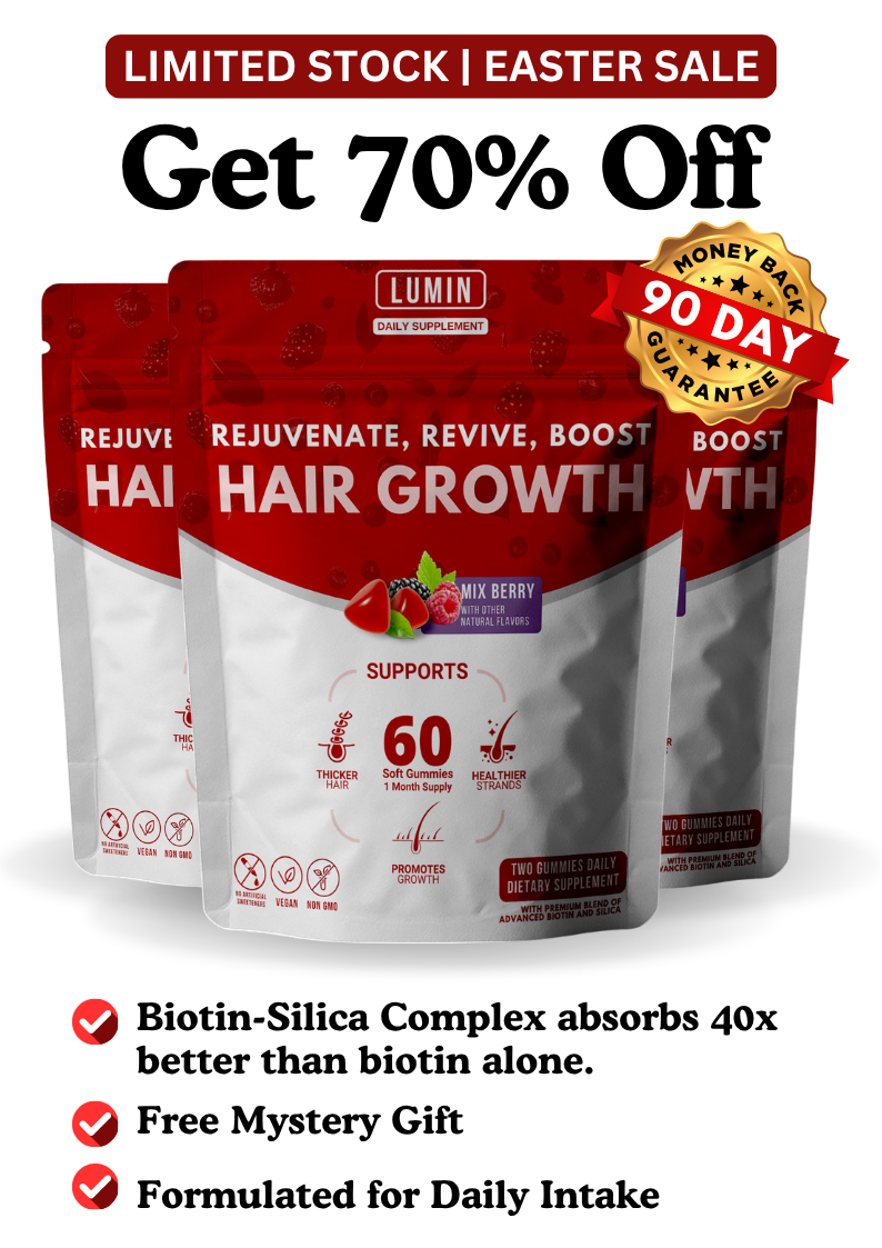 Advertisement for Lumin Hair Growth gummies, showing a 70% off Easter sale and product benefits.