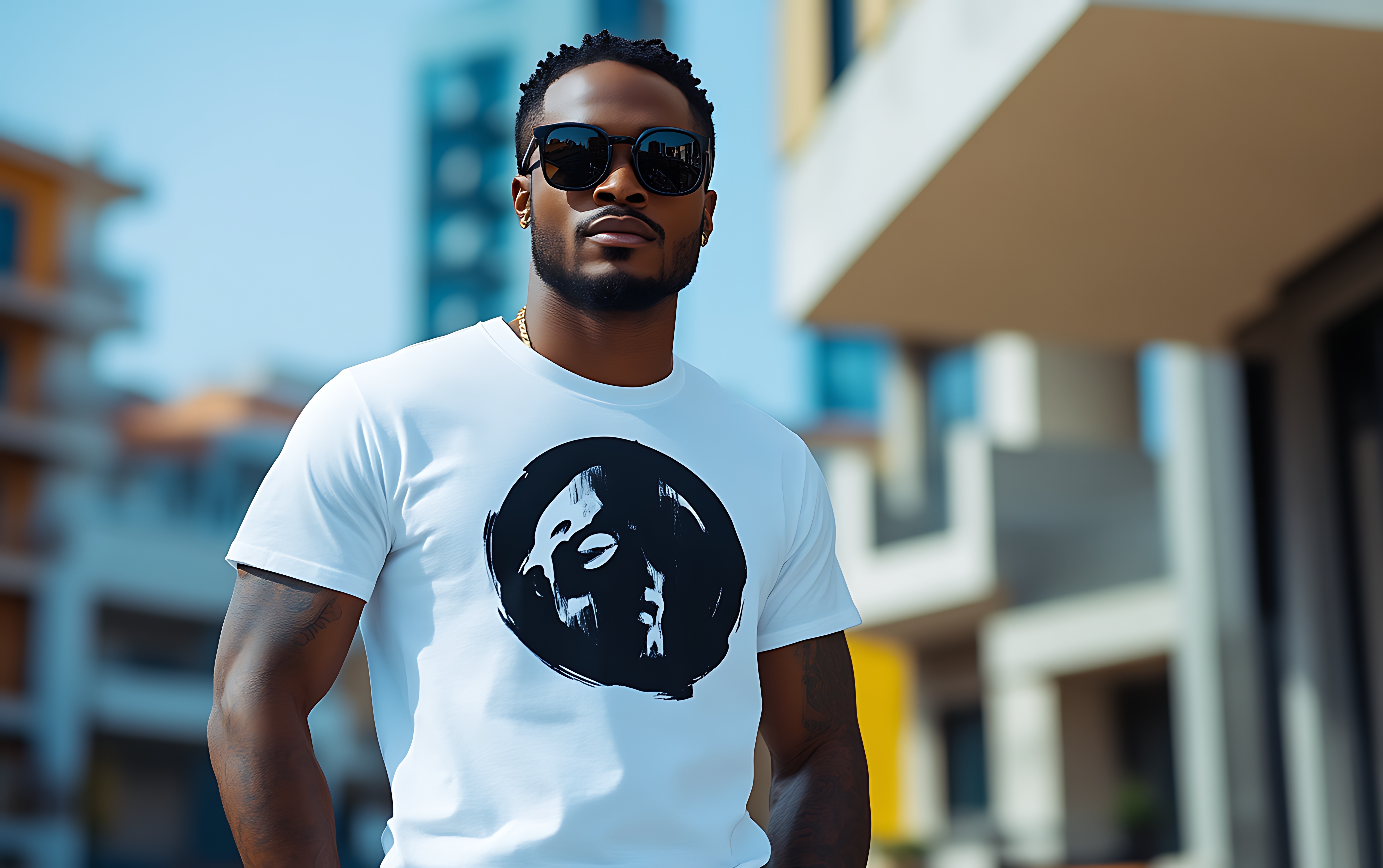 Man in sunglasses wearing a white t-shirt with a black graphic, standing outdoors.