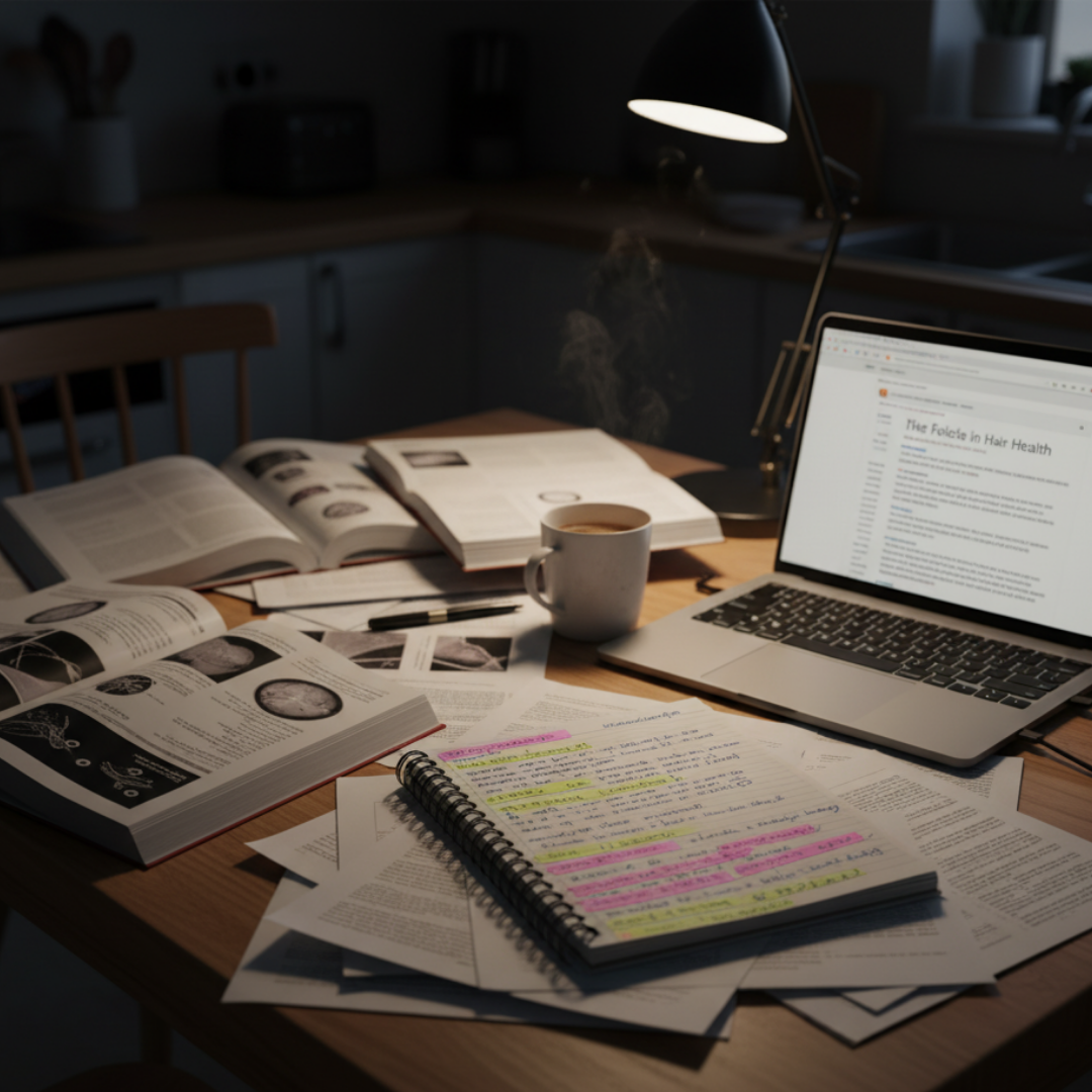 Desk with open books, laptop, and coffee cup under lamp light.