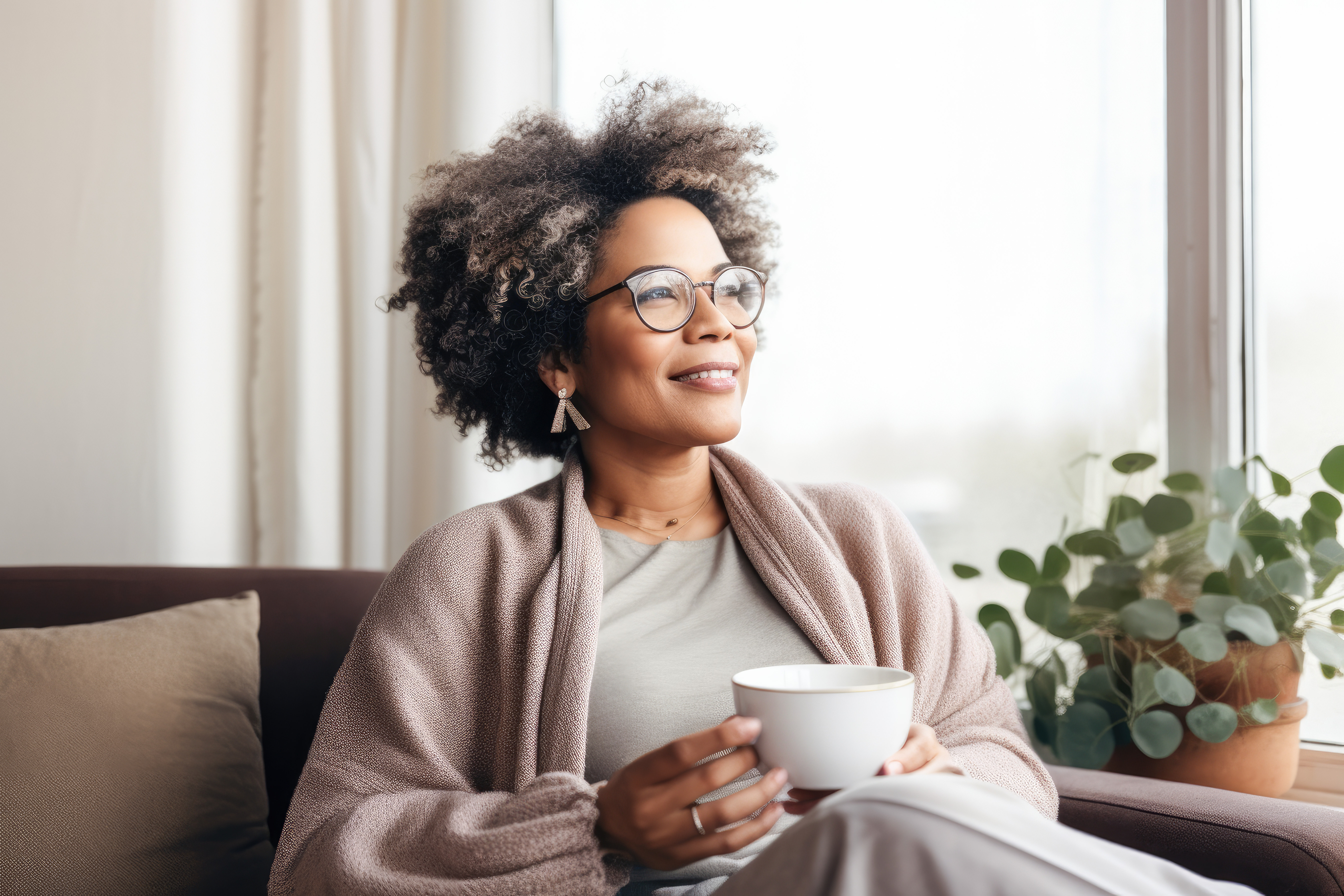 Person with glasses holding a cup, sitting by a window with a plant.