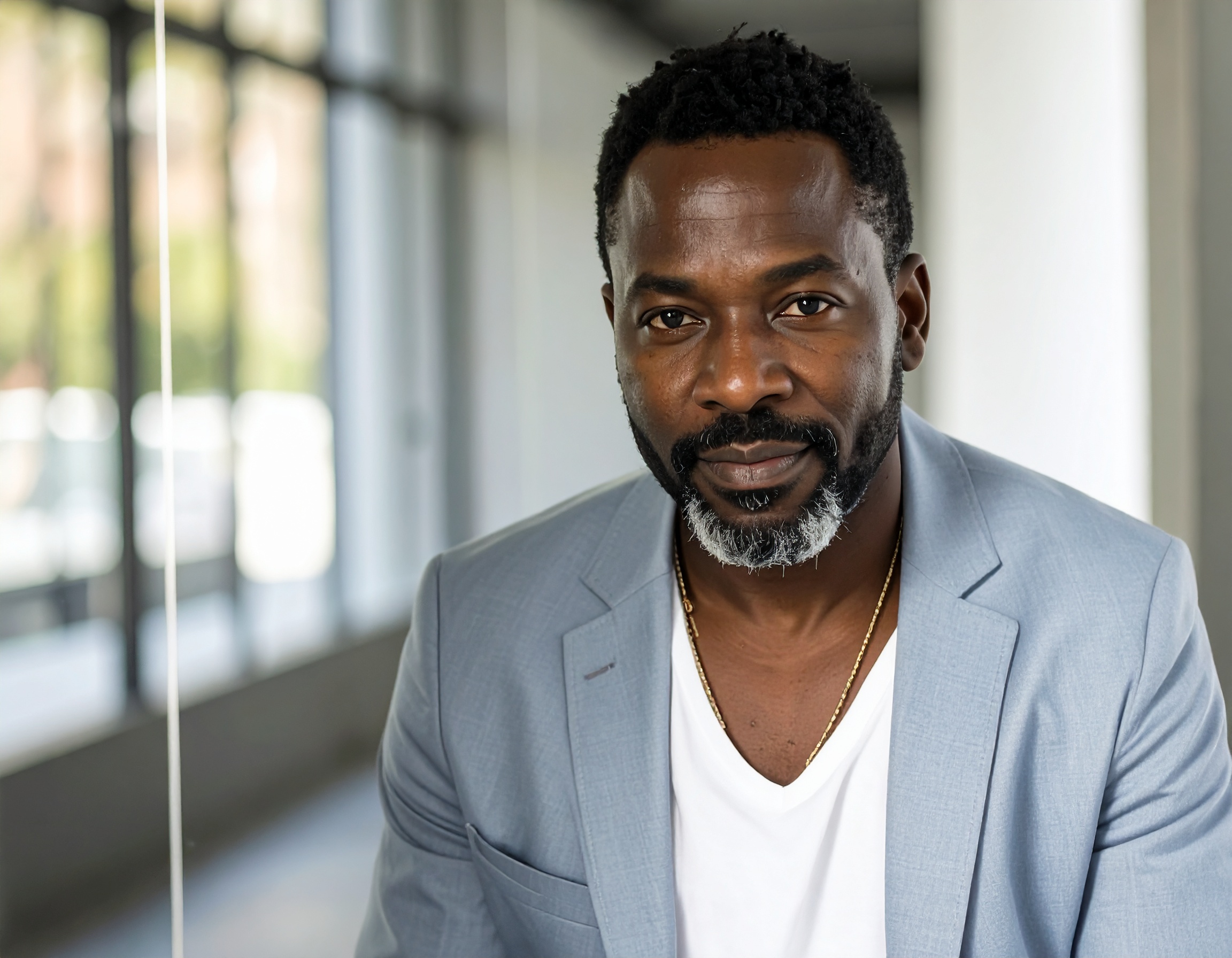 Man in blue blazer and white shirt sitting indoors.
