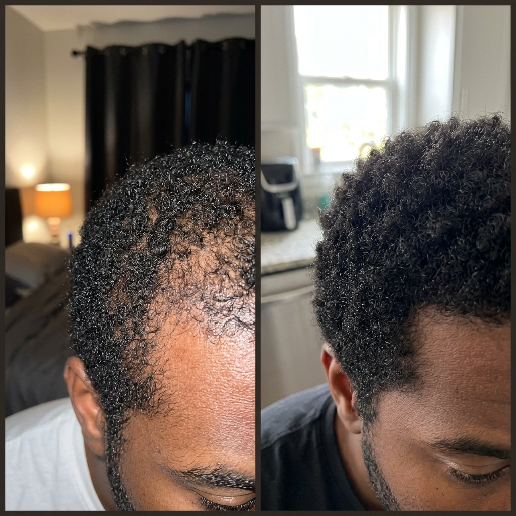 A before and after comparison showing the top of a person's head with thinning hair and then fuller hair.
