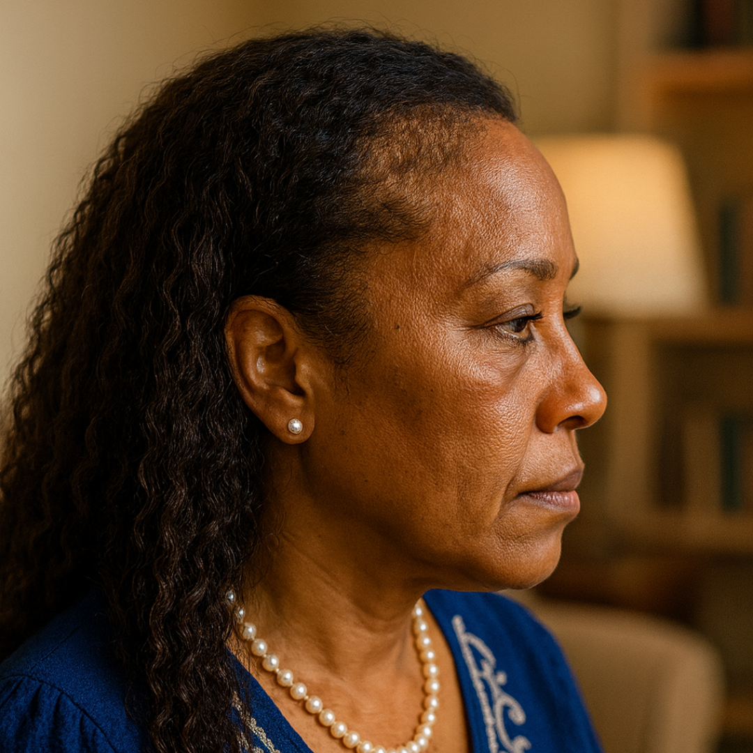 A woman in profile wearing a blue top and pearl necklace.