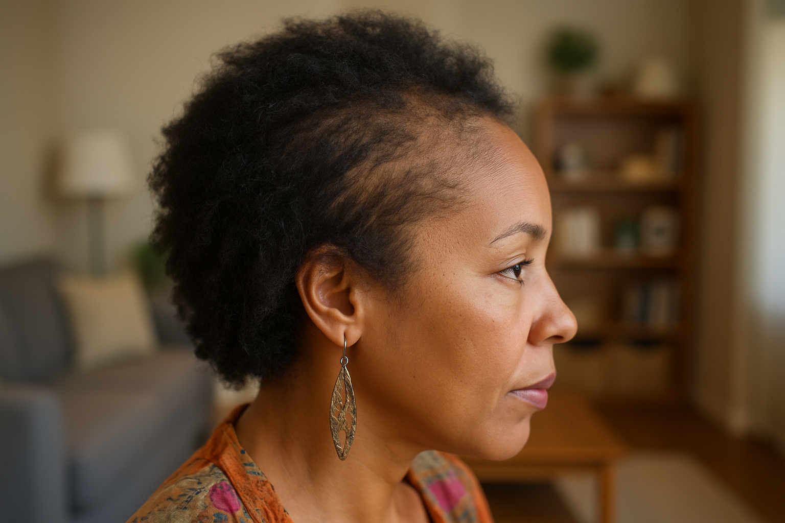 Profile of a woman with short hair and a decorative earring, indoors.