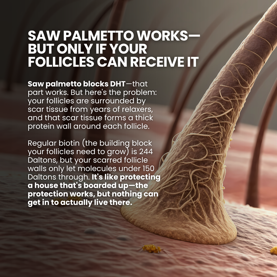 Close-up illustration of a hair follicle with surrounding text about saw palmetto and scarring.