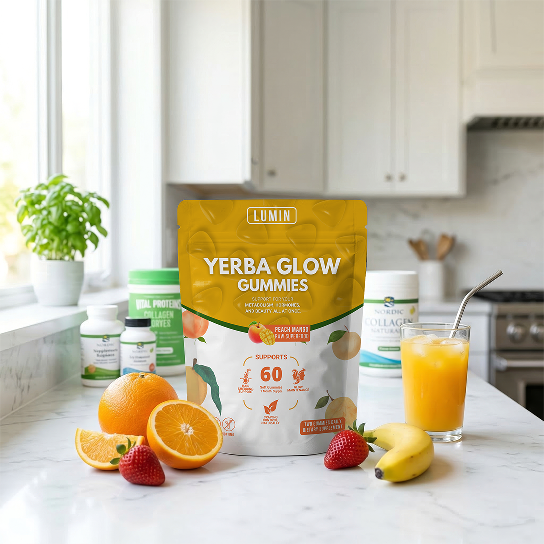 A bag of Lumin Yerba Glow Gummies on a kitchen counter surrounded by fresh fruit and other supplements.