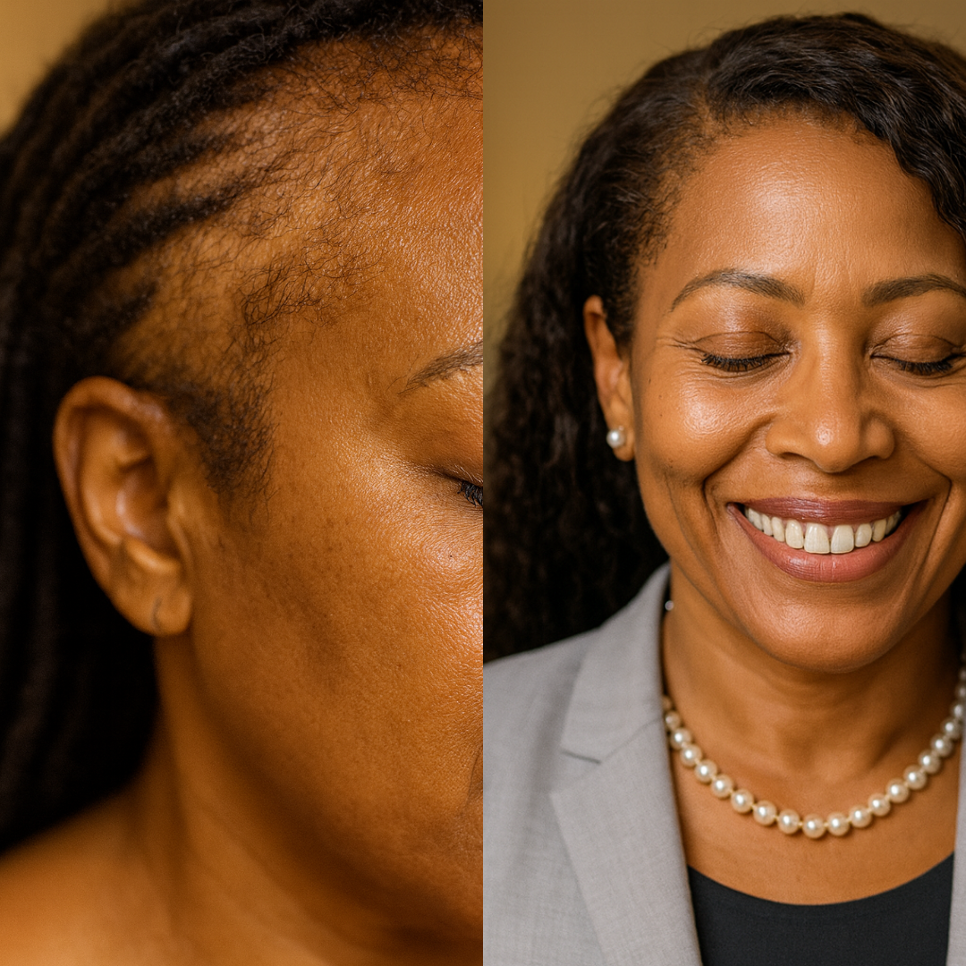 Close-up of two people smiling, wearing suits and jewelry.